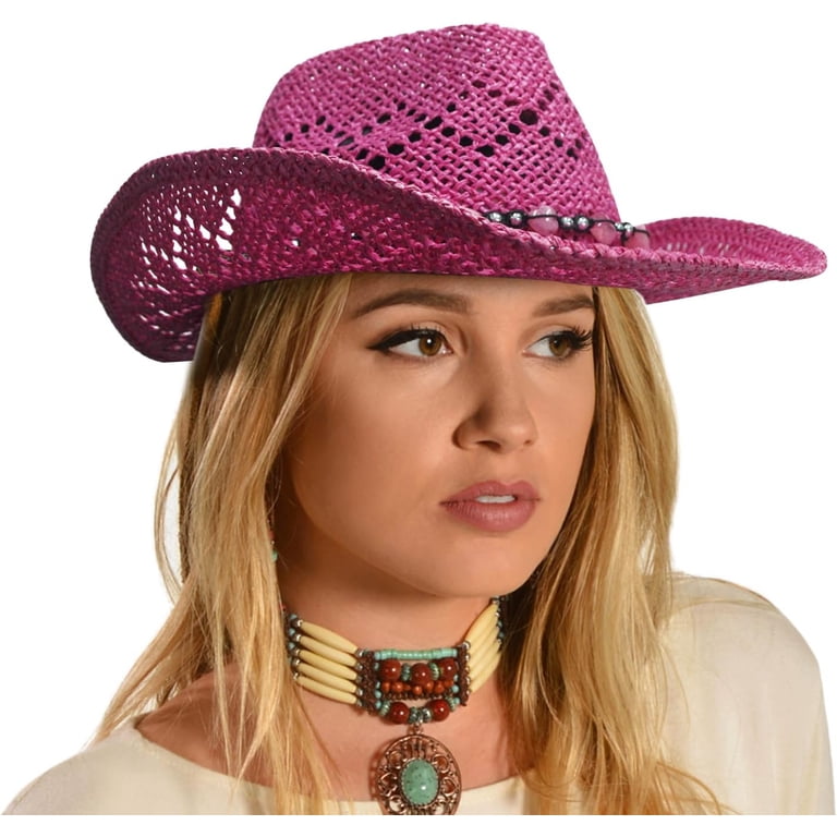 Straw Cowboy Cowgirl Hat for Women with Beaded Trim and  display picture 1