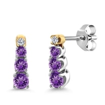 Gem Stone King 925 Sterling Silver and 10K Yellow Gold Round Purple Amethyst Earrings for Women (0.37 Cttw, Gemstone Birthstone, Center Stone: 3MM, 2.5MM and 2MM)