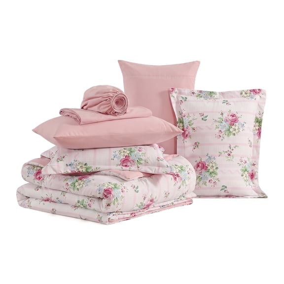 Unbranded Queen Comforter Set-7 Pieces Pink Floral Bed in a Bag Queen Floral Bedding Set for All Season, Soft Lightweight Cottage Queen Bedding Sets with Sheets, Pillowcases & Shams