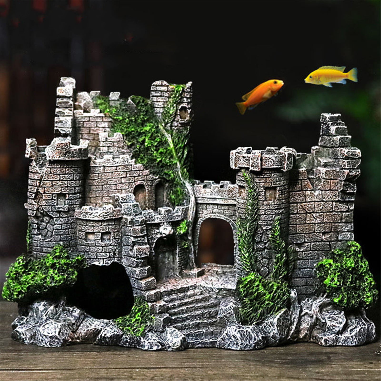 3D Stone Head Aquarium Background Poster Statue Fish Ocean Castle Landscape 