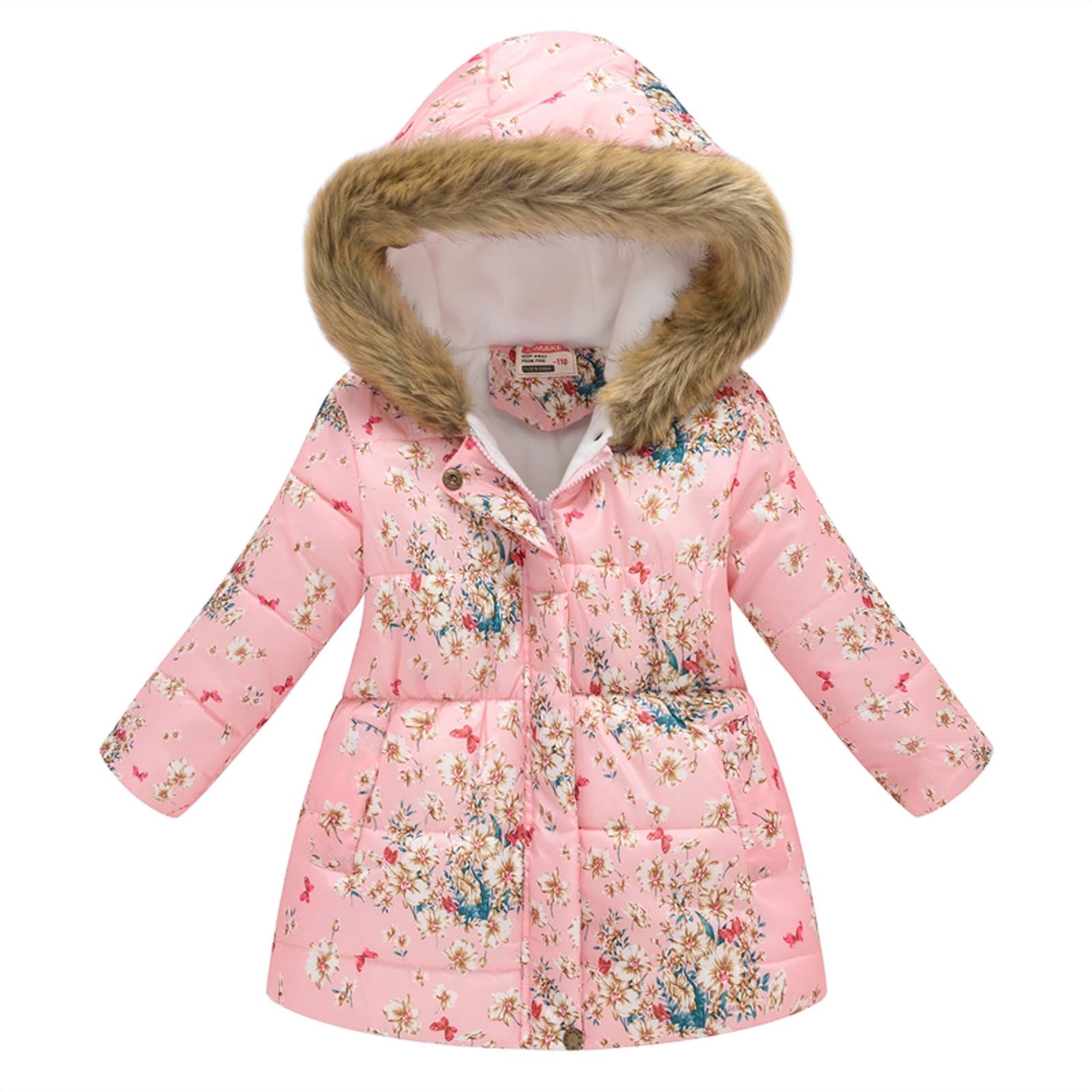 Baby Girls Winter Chunky Coat Hooded Jacket Warm Padded Floral Overcoat Outwear 