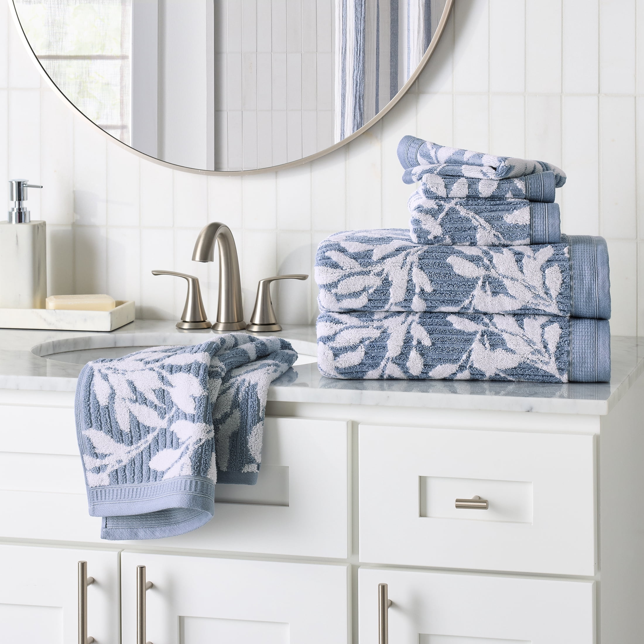 Better Homes & Gardens Signature Soft Floral 6 Piece Towel Set,Blue Silver/Arctic White