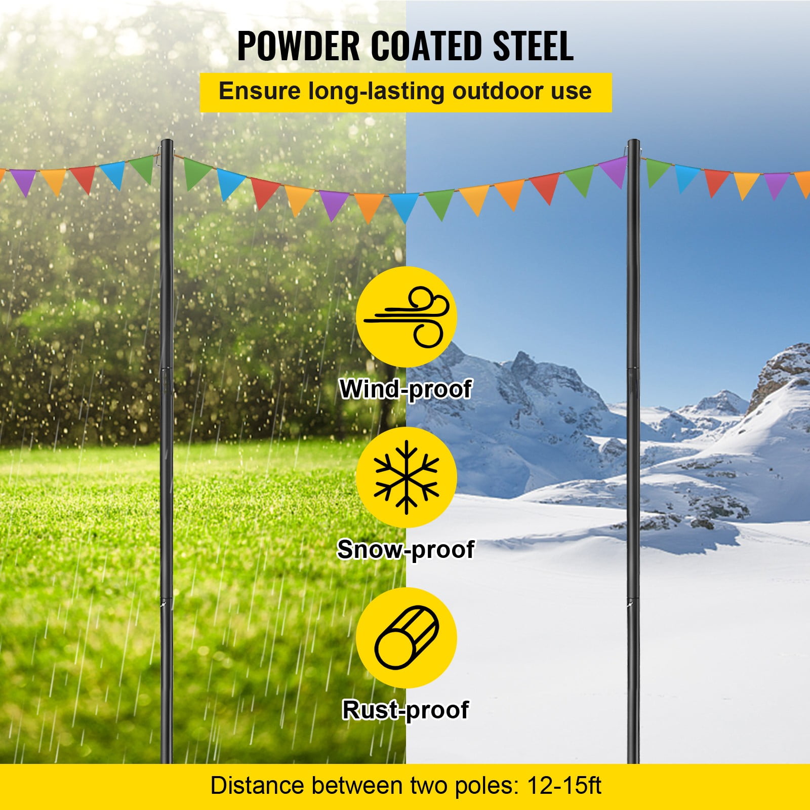 BENTISM String Light Poles, 2 Pack 10.6 ft, Outdoor Powder Coated Steel Lamp Post with Hooks to Hang Lantern and Flags, Decorate Garden, Backyard, Patio, Deck, for Party and Wedding, Black