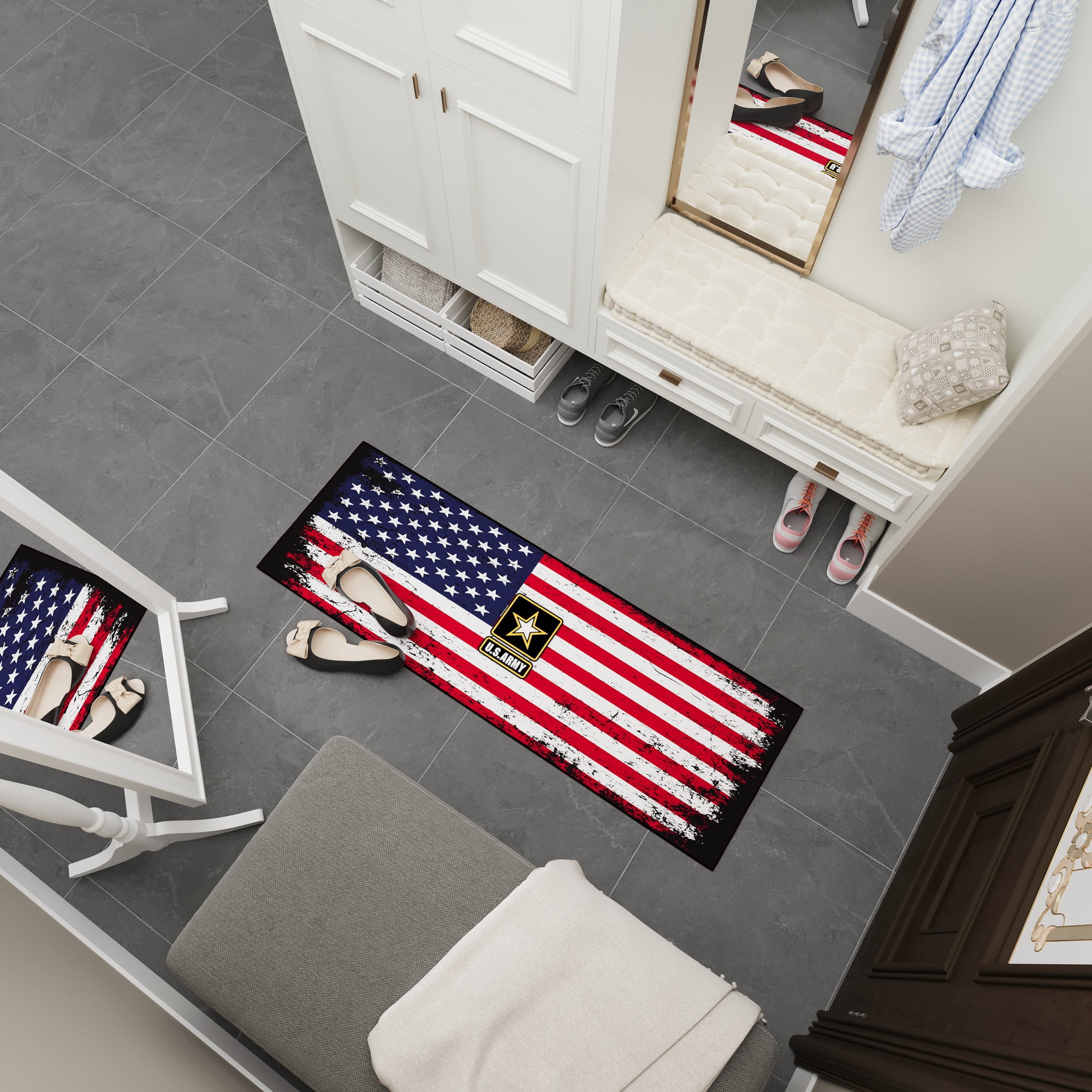 Ottomanson US ARMY USA Flag Machine Washable Non-Slip Rubberback 2x5 Runner Rug, 20"x 59", Red/White