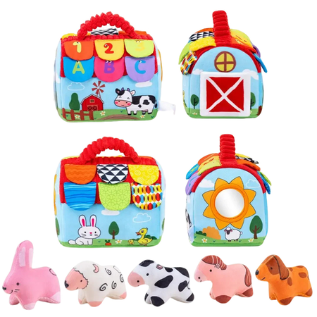 Pretend Play Set Plush Stuffed Animals Farm Animal Figurines Soft Play House with Carry Case 5 Piece Animal Figures Set for Activities
