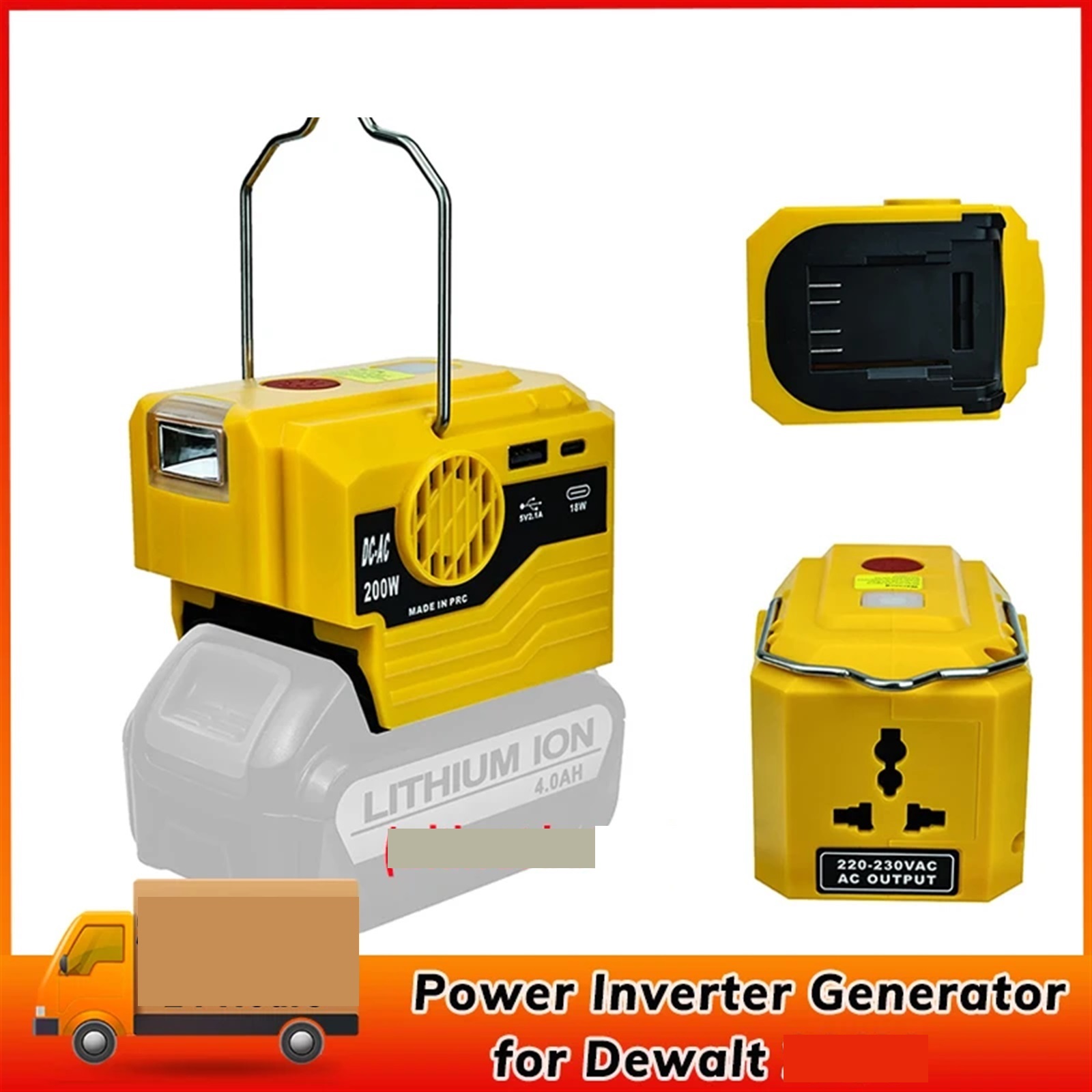 200W Portable Power Inverter Outdoor Mobile Lithium Battery Inverter with LED Light 18V 20V Li-ion Battery ,Easy to Use