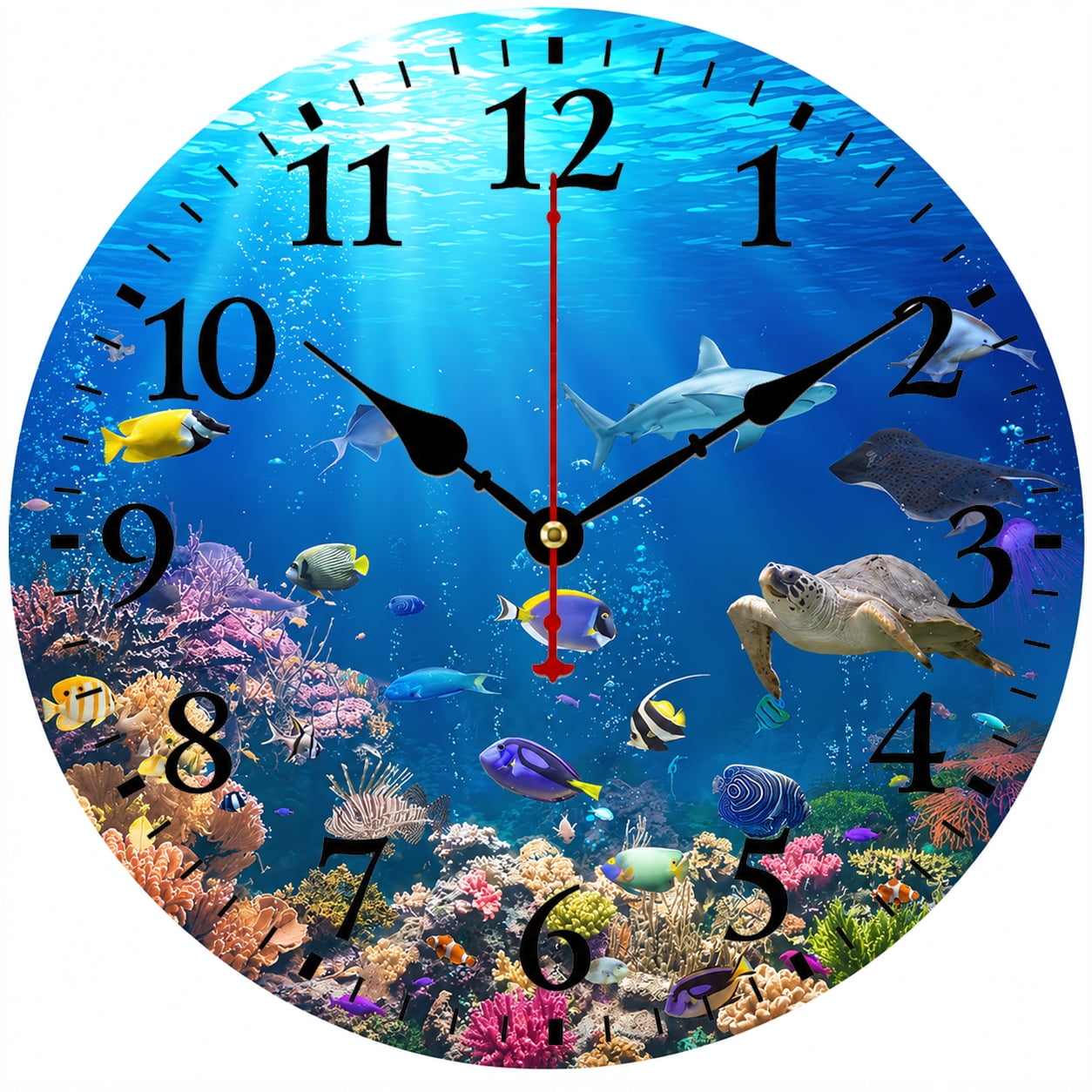9.84 Inch Ocean Wall Clock, Battery Operated Round Analog Clock with Easy to Read Numbers, Underwater World Fish Coral Reef Design, Nautical Coastal Decor for Living Room Bedroom Bathroom Beach House