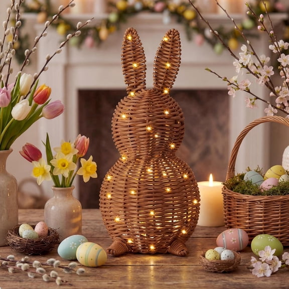 WEIH Wicker Easter Bunny Light Up Easter Rattan Bunny Decorations, 13.8 Inch Woven Rabbit Tabletop Centerpiece with Light, Rabbit Ornament for Mantel Fireplace Easter Home Tiered Tray Decor