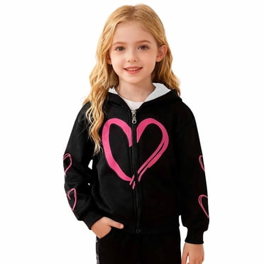 WOYY Toddler Girls Zip Up Hoodie Heart Print Fleece Lined Hooded Sweatshirt, Sizes 2-3