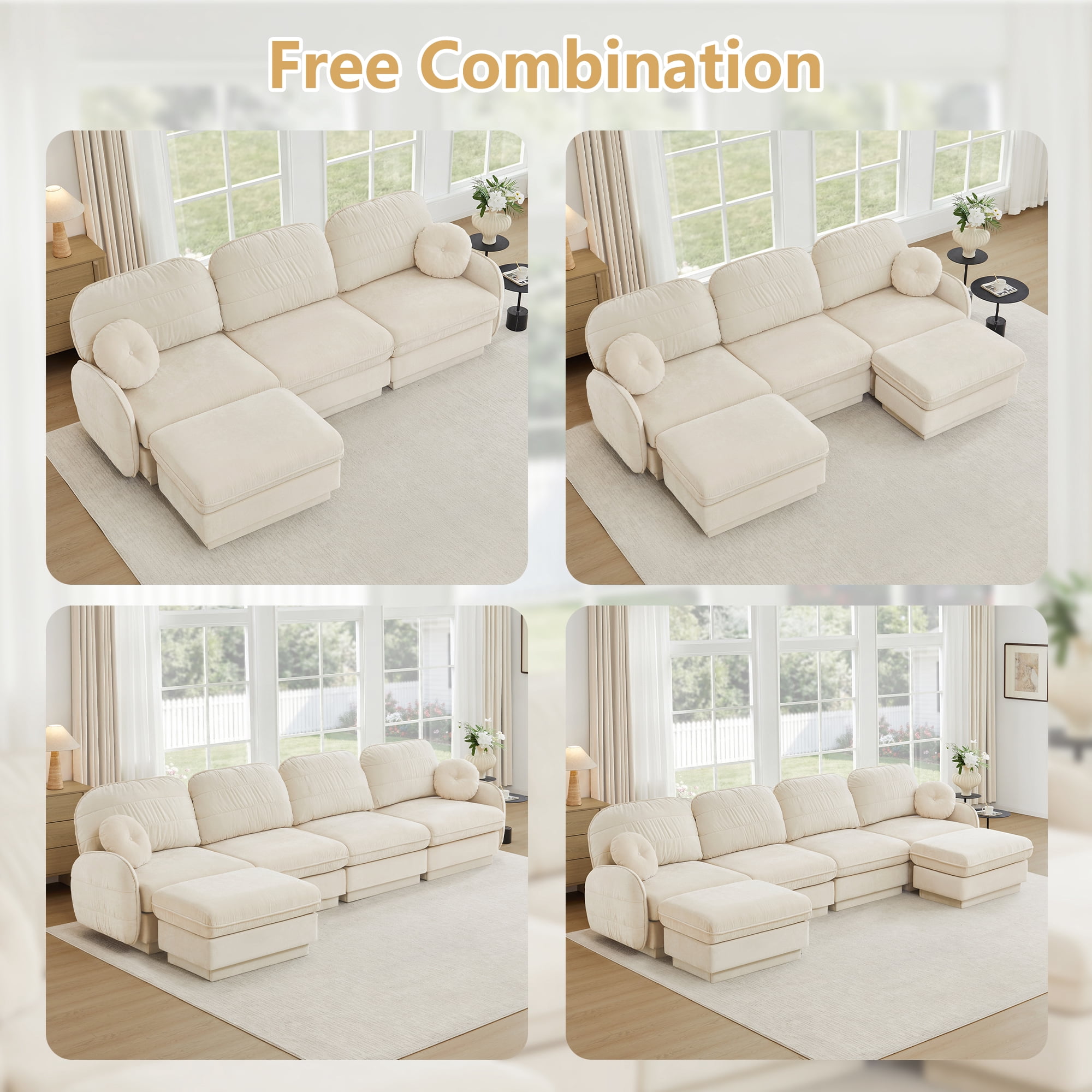 Mintazer 137" Chenille Cloud 4-Seater Modular Sectional Sofa with 2 Movable Ottoman & Round Pillows, U-Shaped Ergonomic Sofa Couch for Living Room, Apartment, Cream
