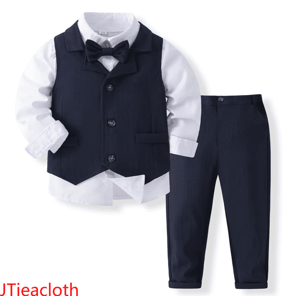 JTieacloth Boys Top and Pant Sets Boys Formal Outfits Sets Toddler To Kids Dress Shirt Vest Pants Bow Tie Suit For 18 Months To 7 Years,Sizes 3-4 Years(Blue)