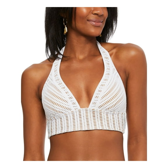 BAR III Women's White Stretch Long-Line Lined Tie Crochet Molded Cup Halter Swimsuit Top XS