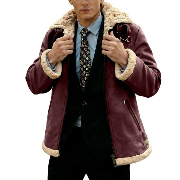 Men's Long Sleeved Hooded Lambskin Jacket Lapel Full Zip Sherpa Lined Leather Jacket Outwear