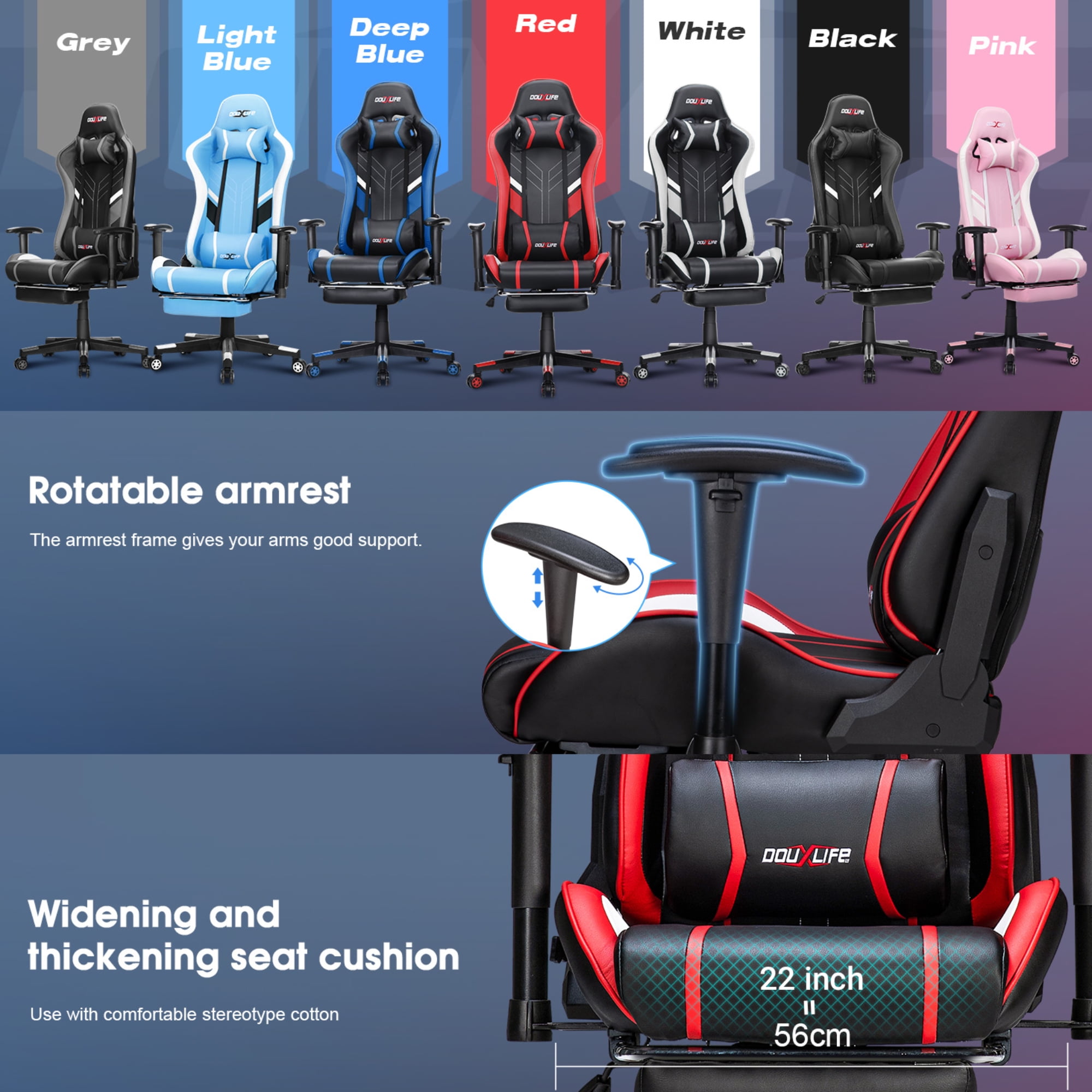 Douxlife 7-Point Massage Gaming Chair with Footrest, 175° Reclining, Ergonomic Racing High Back Home Office Computer Chair, Video Game Chair for Adults Kids