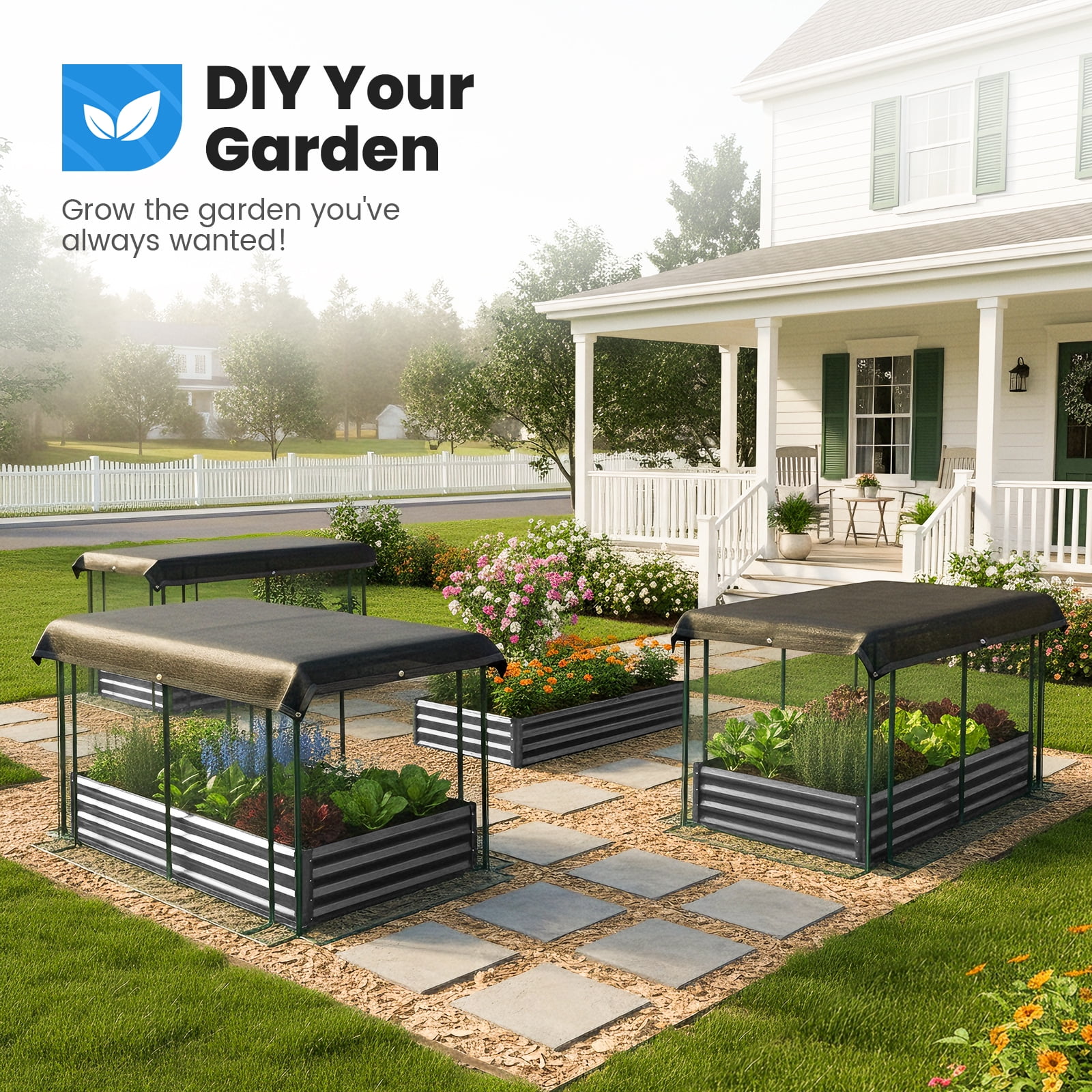 Quictent 6x3x1 ft Raised Garden Bed Galvanized Steel Metal with Crop Cage Plant Protection Net Tent Shade Cloth Kit Metal Planter Box Dark Gray