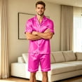 thumbnail image 4 of Mens Pajamas Set Silk Satin Sleepwear Short Sleeve Button Down Pjs Set 2 Piece Loungewear with Pockets Hot Pink XXL, 4 of 8