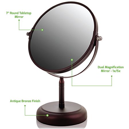 - Ovente Round Tabletop Vanity Mirror, 7 Inch, Dual-Sided with 1x/5x magnification, Antique Bronze (MNLDT70ABZ1X5X)