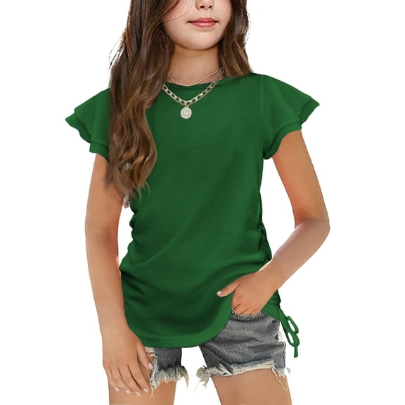 Arshiner Cute Shirts for Girls Girls Summer Tops Short Sleeve Ruched Knot Side Casual Loose Spring and Summer Tops Tee Blouse Green 9-10 Years