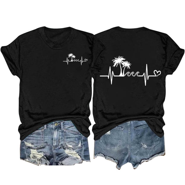 Tops Cortos para las Mujeres, Casual Impreso Delantero Corto Espalda Larga Manga Corta Raglan Cuello Redondo Blusa Hecha de Poliéster, Tops Largos para las Mujeres