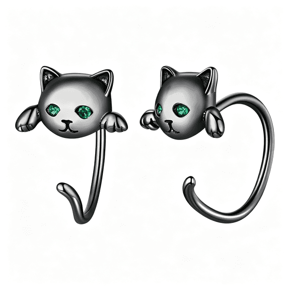 DESIGNICE Silver Cat Half Hoop Huggie Backless Earrings for Women Daily Wear, Hypoallergenic Earrings with No Back Cartilage Earrings, Sleep-Friendly Poke-Free Stay Close Earrings, Gift Box Included