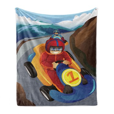 Race Car Soft Flannel Fleece Throw Blanket, Close Up Scene of 2 Children in a Go Kart Like Setting Down a Mountain Road, Cozy Plush for Indoor and Outdoor Use, 60" x 80", Multicolor, by Ambesonne