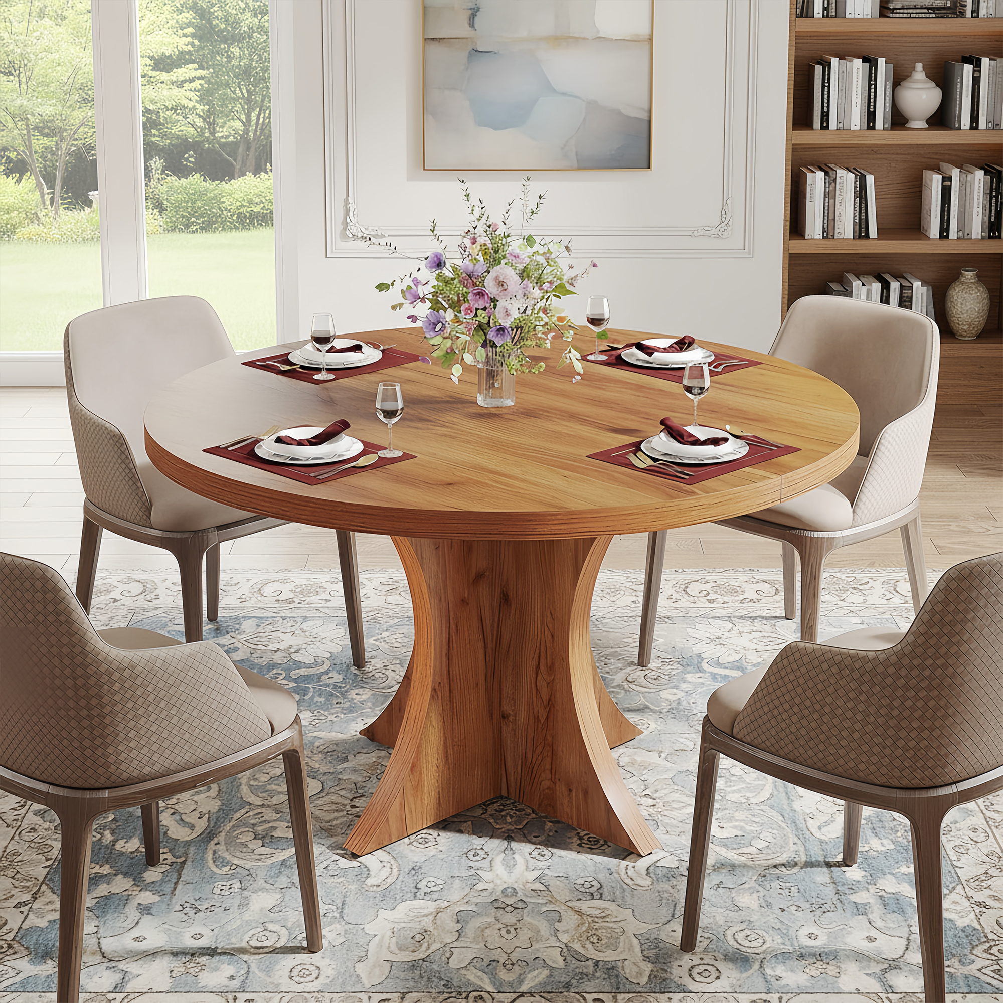 Farmhouse Round Dining Table, 47-Inch 4-6 Seater Wood Table with Pedestal Base, Small Space Kitchen Dinner Table for Dining Room Living Room, Brown