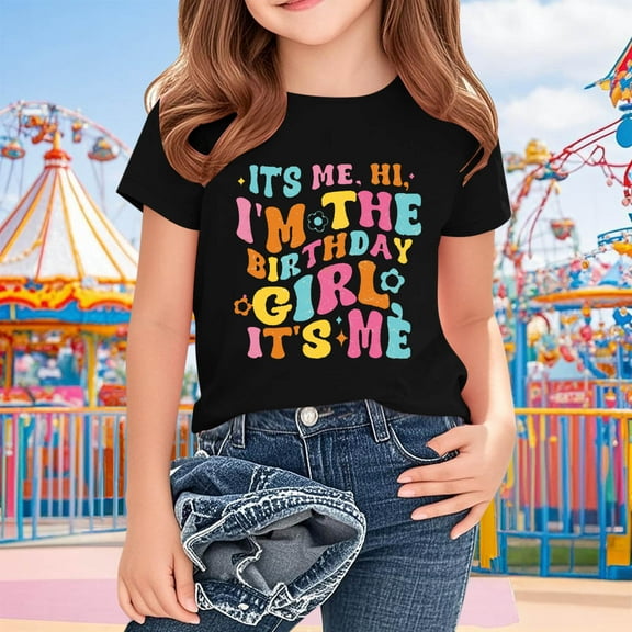 Frwgonr Girls Birthday T-shirts Short Sleeves Blouse Crewneck Birthday Graphic Summer Kids Tee Tops 2-15 Years, Black