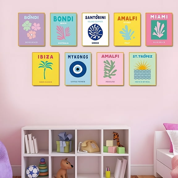 LAMIRO 9Pcs Preppy Travel Wall Art Prints Abstract Aesthetic Preppy Room Decor Colorful Minimalist Unframed Art Poster Decor For Living Room Teen Girls Bedroom College