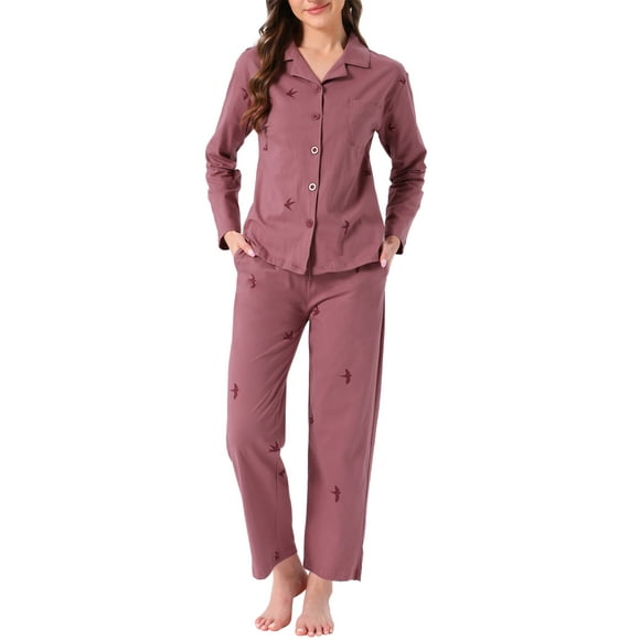INSPIRAR CHIC Pijamas de Algodón para Mujeres, Con Botones, de Manga Larga, con Cuello Notch, Conjunto de 2 Piezas de Ropa de Casa con Bolsillos, M Rosa Polvoriento