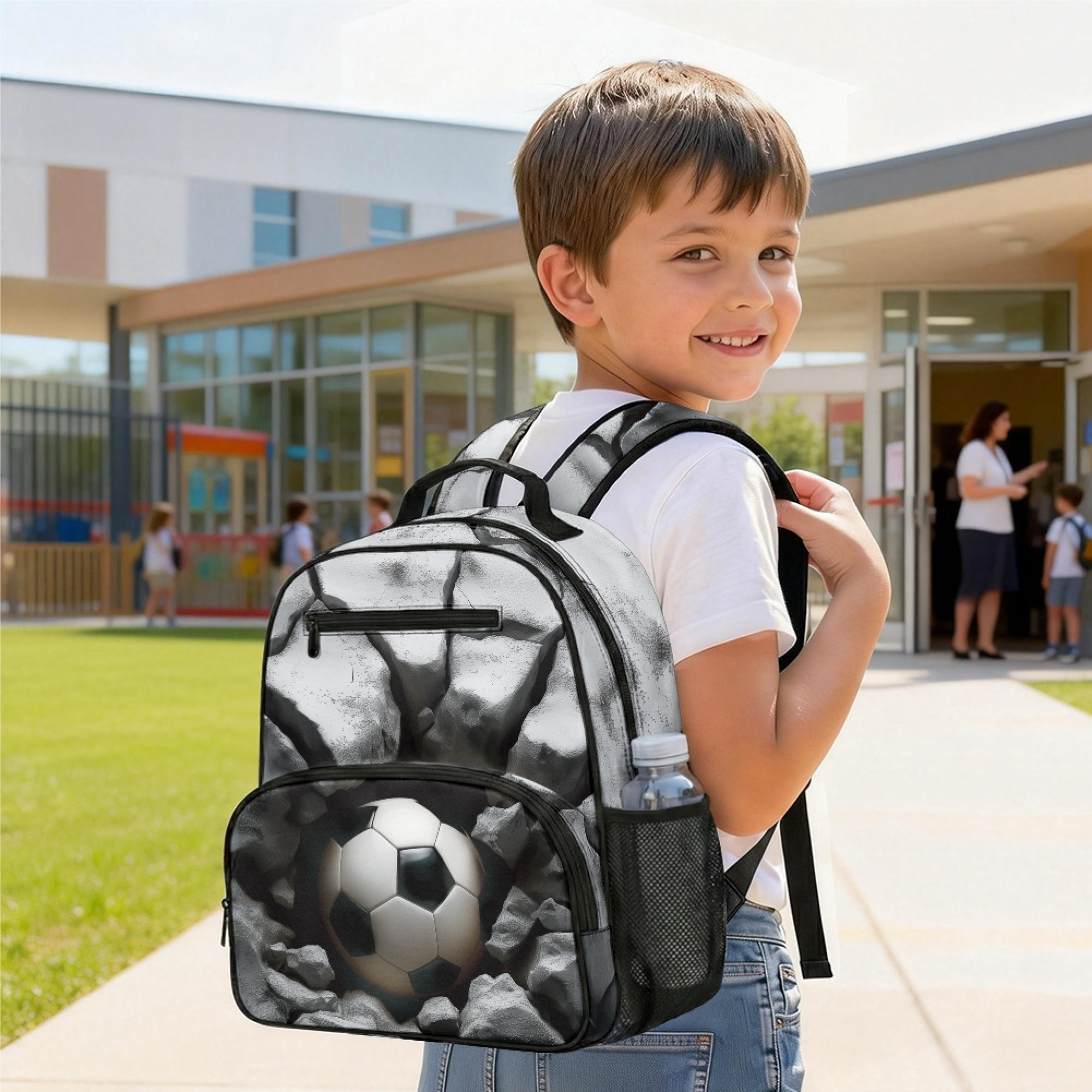 Chririnla 3D Soccer Cracked Rock Toddler Backpack Polyester Side Mesh Pockets Sturdy Toddler Preschool Polyester Backpack for Boys
