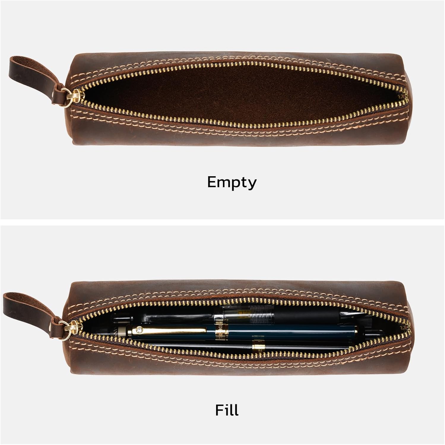 ABPETE Small Pencil Pouch-Genuine Full-Grain Leather Pencil Case for Men- Vintage Leather Pouch for Adults-Stationery Organizer Bag for Work & Travel-Cylinder-Coffee