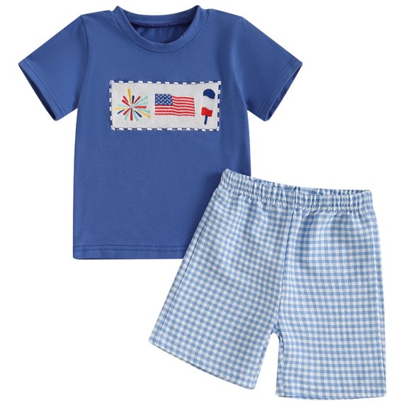Atogsazn Baby Boys Summer 4th of July Clothes Set Toddler Short Sleeve T-shirt & Shorts Outfit 2 Piece Outfits Blue 3-4 Years Fashion