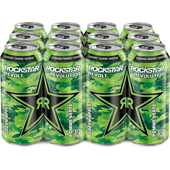 Rockstar Boisson Énergisante Revolt à la Pomme Verte, Canettes de 473 mL, Pack de 12