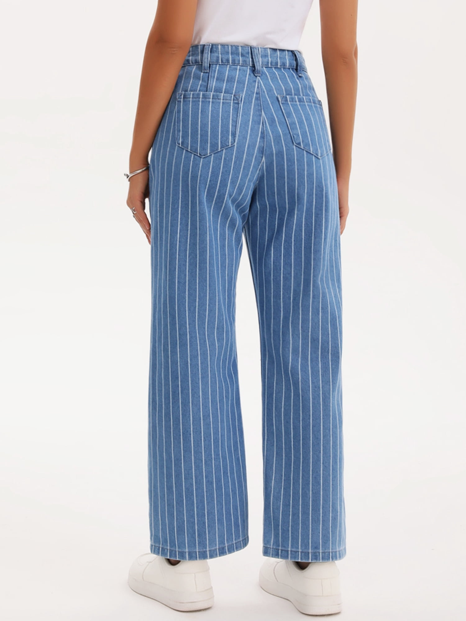 DARING DIVA Women's Striped High Rise Zipper Straight Leg Denim Pants S Blue