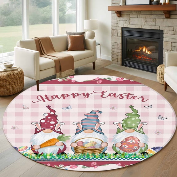 Round Area Rug 6 Ft, Gnomes Easter Washable Non-Slip Circle Carpet for Living Room/Bedroom, Eggs Tulips Spring Floral Pink Plaid Low-Profile Indoor Mats Collection Rugs for Residential