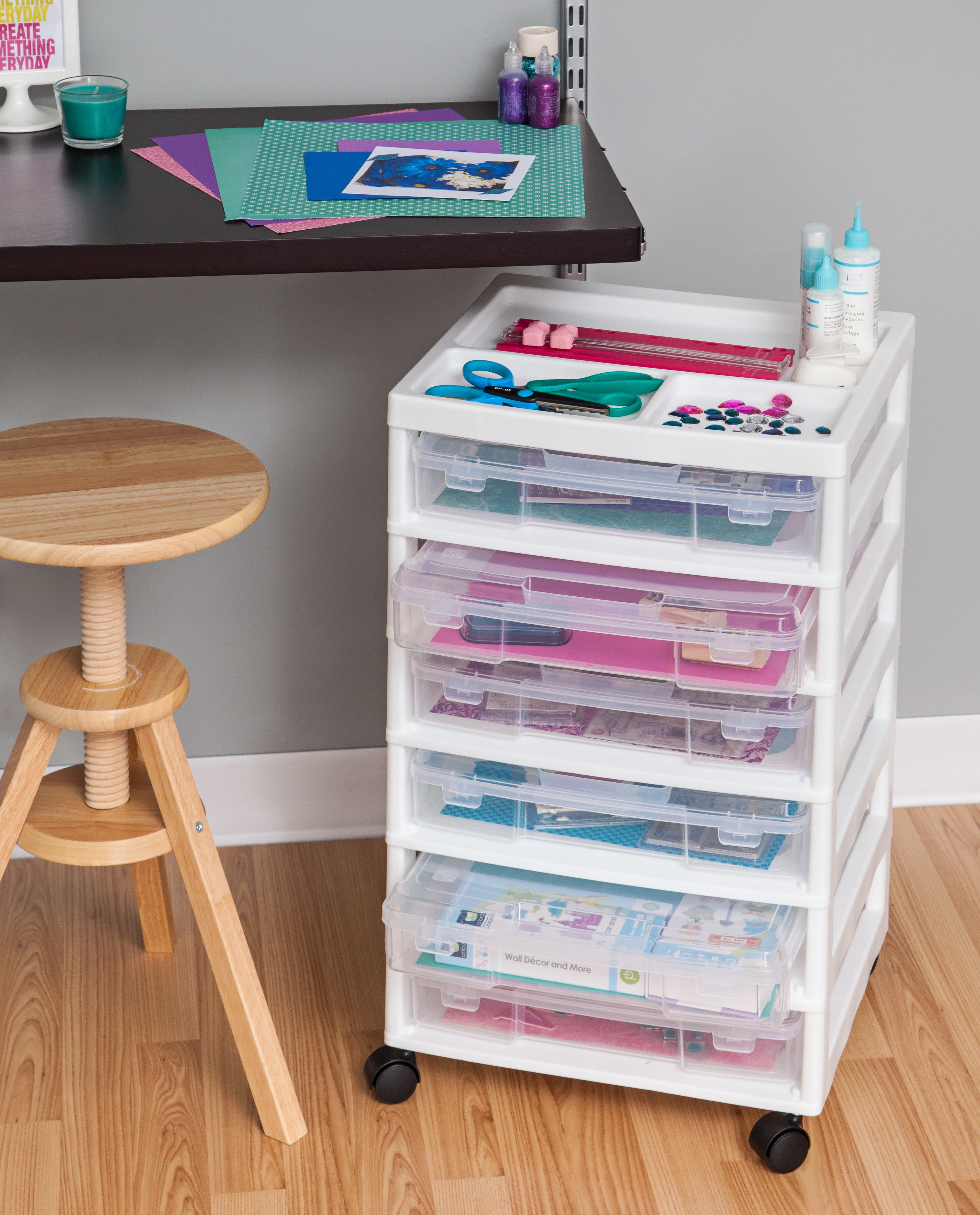 IRIS Fits 12" x 12" Paper, 6 Tier Scrapbook Rolling Storage Cart with Organizer Top for Papers Vinyl Tools Office Art