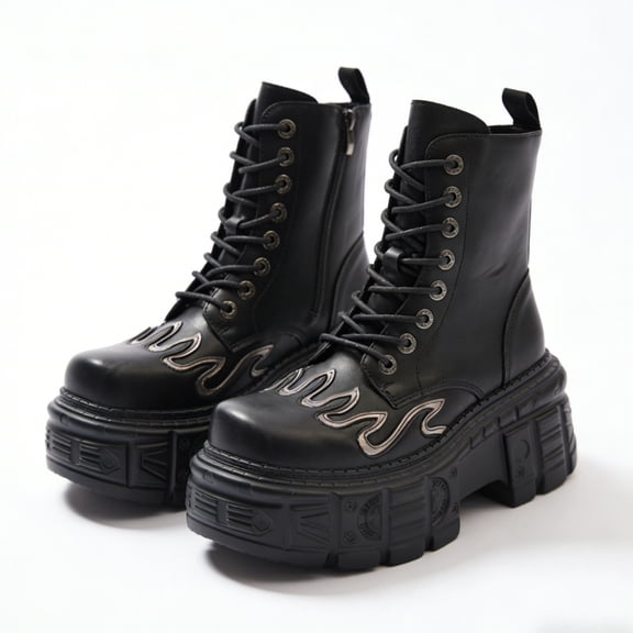 Unisex Style Flame Decoration Round Toe Thick Sole Platform Chunky Heels Men Women Sneakers Large Size Zipper Punk Casual Street Shoes