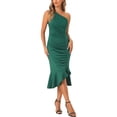 thumbnail image 2 of Unique Bargains Robe Midi Sans Manches à une Épaule Froncée pour Femme Vert Foncé m, 2 of 5