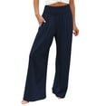 thumbnail image 2 of Fulijie High Waist Wide Leg Palazzo Lounge Pants for Women Smocked Elastic Waist Loose Comfy Casual Pajama Pants Pockets, Solid Color Petite Pants for Women, Size 3XL-5XL, Big & Tall, 2 of 8