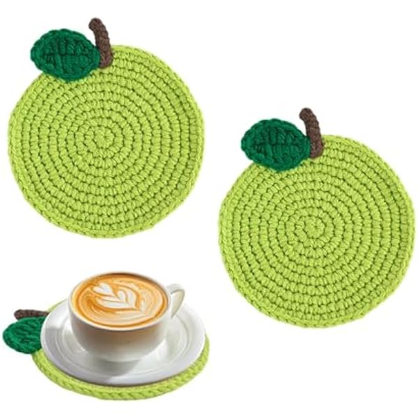 wonima44 Handmade Crochet Coasters Coasters Set of 2 Table Coasters for Drinks Funny Coasters,Cute Coasters Apple Coasters Set Fabric Coasters Tabletop Protection for Any Table Type (Green)