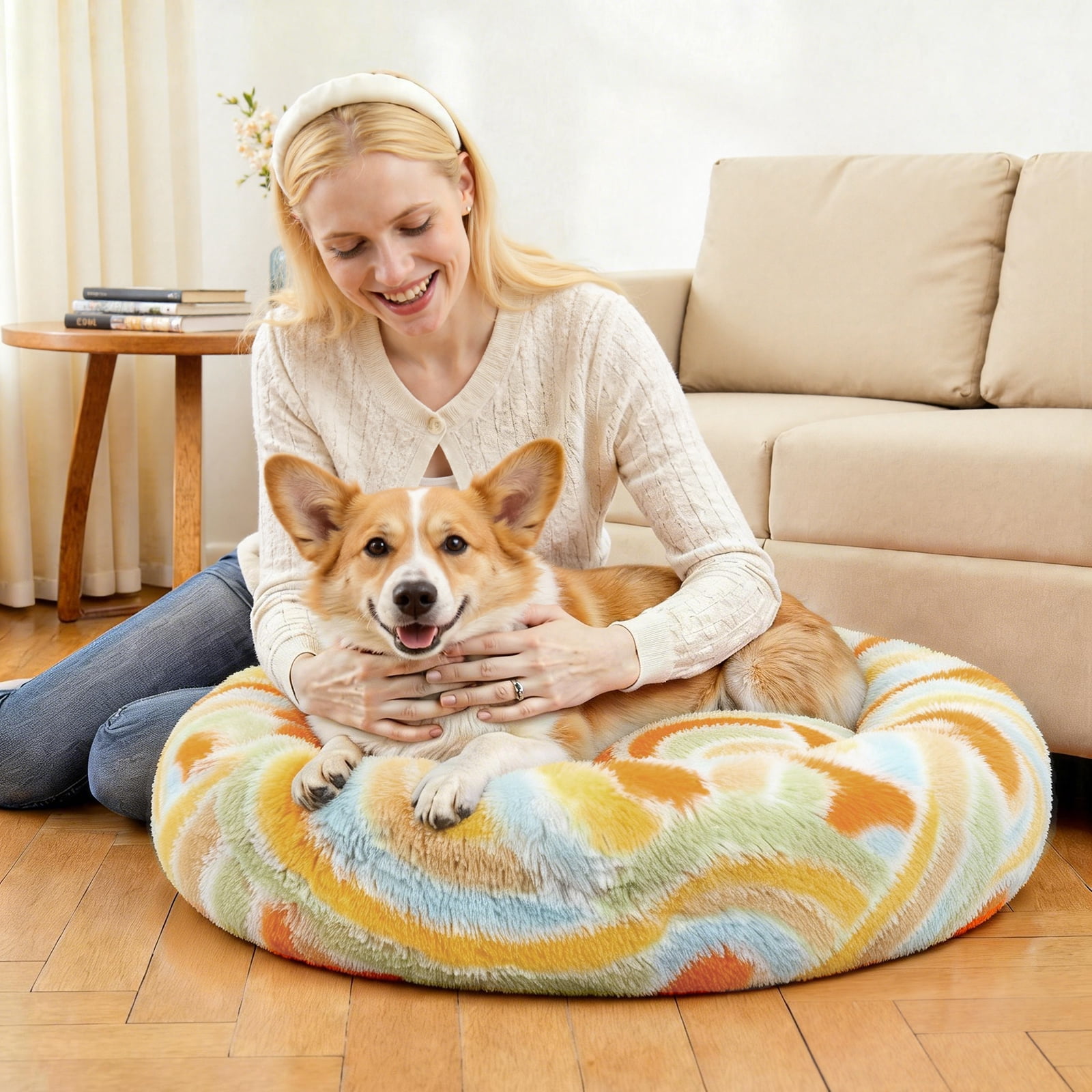 Vaukki 30"Dog Bed with Non Slip Bottom,Soft Warm Faux Fur Pet Bed,Comfortable Donut Round Plush Dog and Cats Beds,Orange
