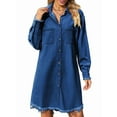 thumbnail image 2 of Women'S Vintage Washed Denim Loose Casual Long Sleeve Raw Edge Dress Dark Blue L, 2 of 9