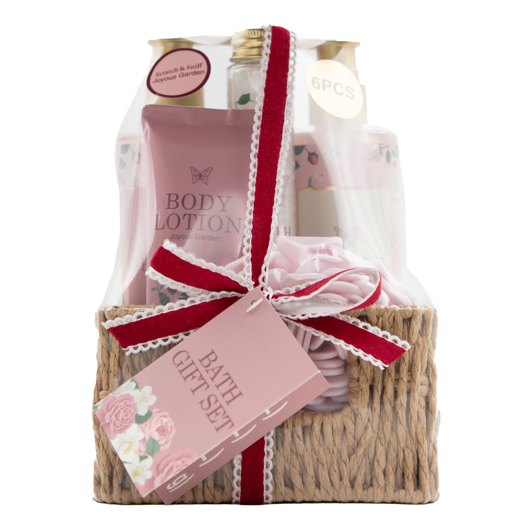 Vanilla Jasmine Bath Gift Set, Includes Shower Gel, Bubble Bath, Body Lotion, Salt, Flower Puff and Rope Basket, 6 Piece