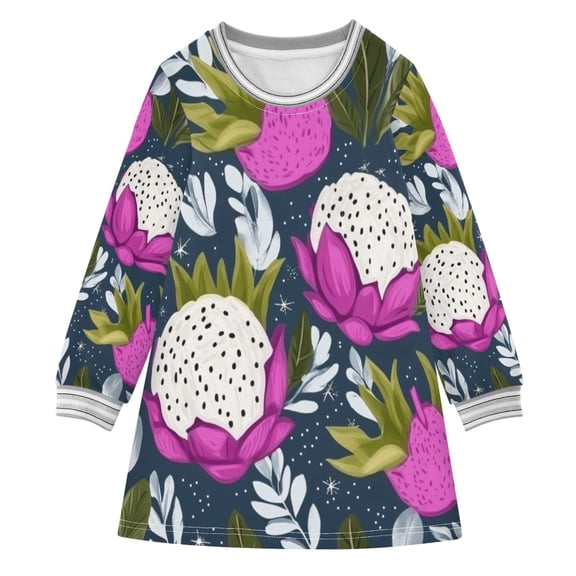 Dragon Fruit Pattern Girls'long-sleeved dress Thickened A-dress Warm Dress Basic Shirt Party Dresses