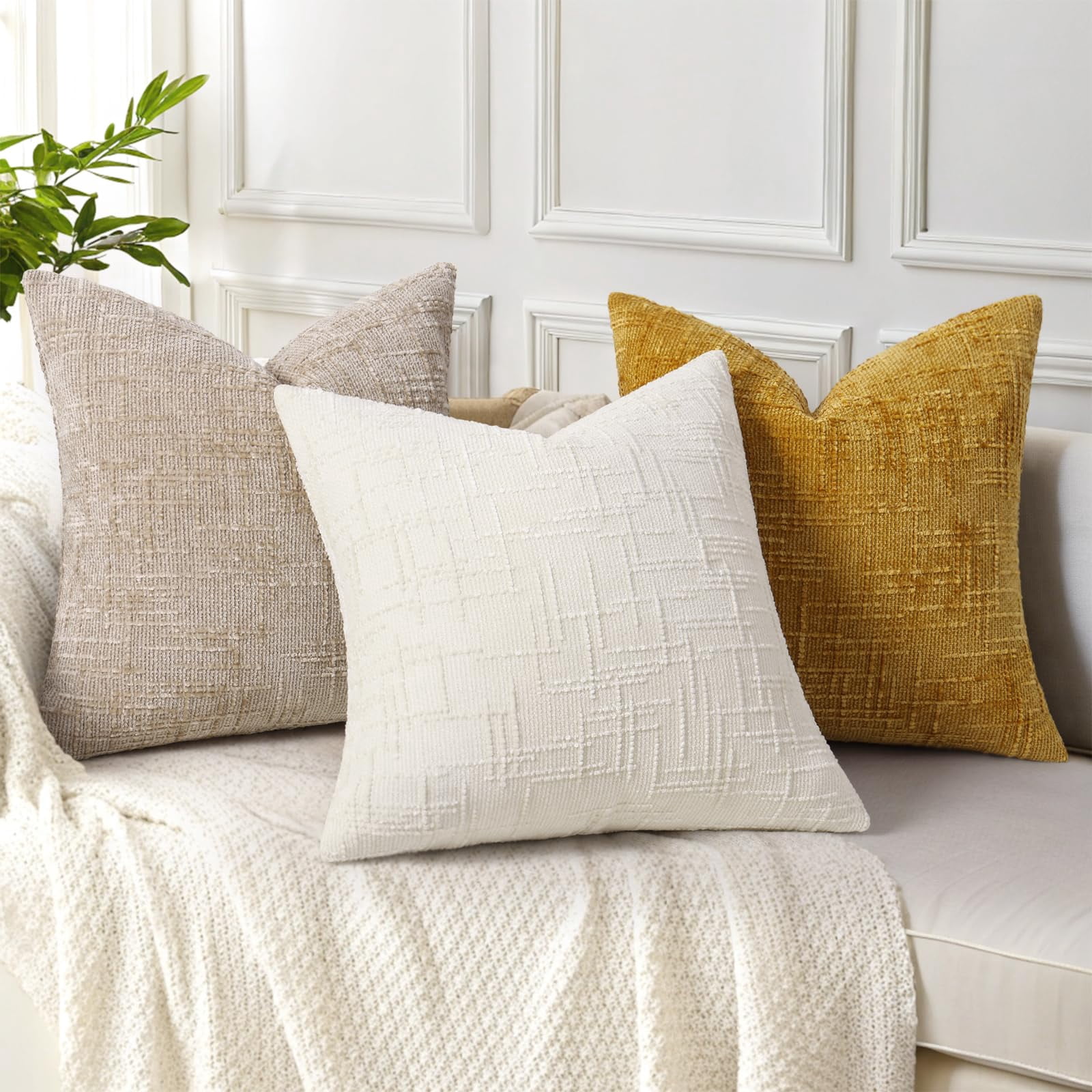 HAPPINESS Chenille Throw Pillow Covers 20x20 Set of 2 Thick Textured Slubby Couch Pillow Covers Farmhouse Accent Modern Neutral Decorative Pillow Cases for Bed Sofa Living Room