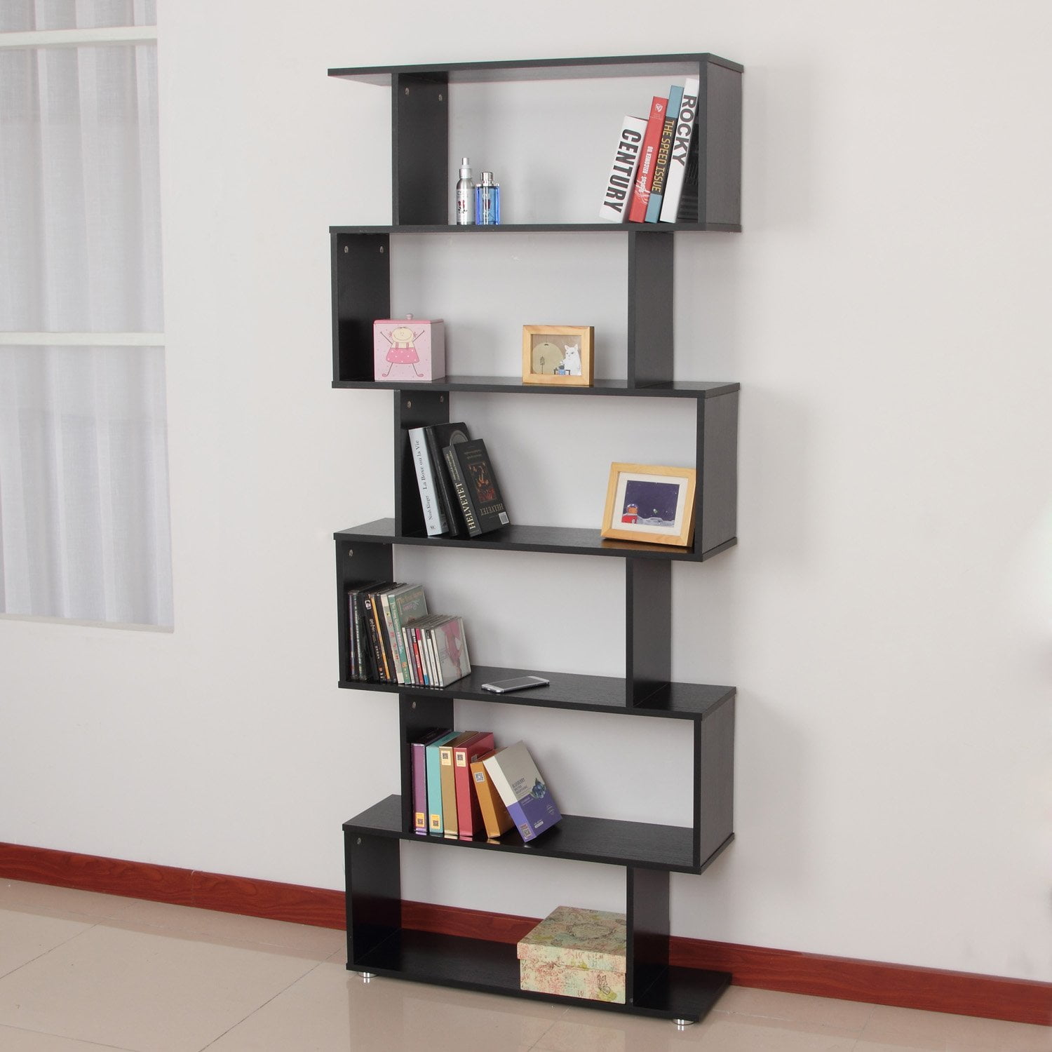 Wooden S Shape Bookcase 6 Shelves Storage Display Home Office