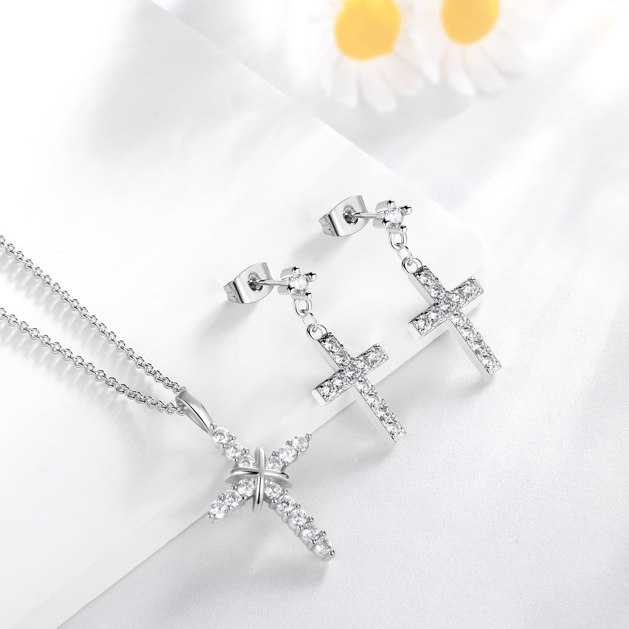 Ydou 14K White Gold Plated Cross Necklace and Earring Set for Women - Cubic Zirconia Faith Jewelry Sets with Cross Pendant Stud Earrings for Women Mom Birthday Aniversary Gift