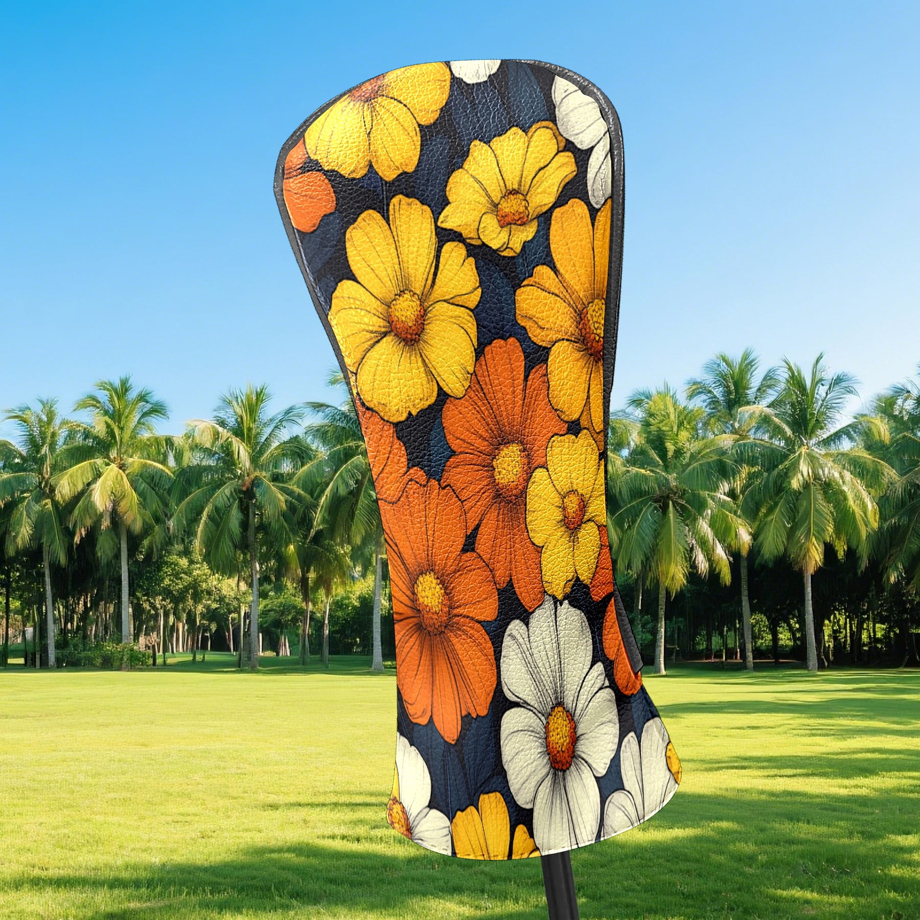 Golf Club Covers PU Leather Waterproof Head Covers for Fairway Woods Hybrids Orange Yellow Flowers