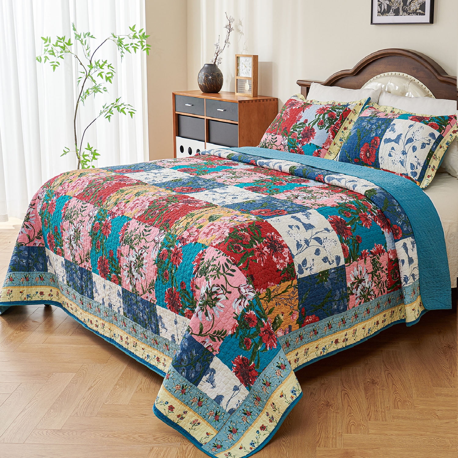 Evenhug Quilts 2-Piece Square Multi-Color Floral Patchwork Twin Quilt Set With Sham