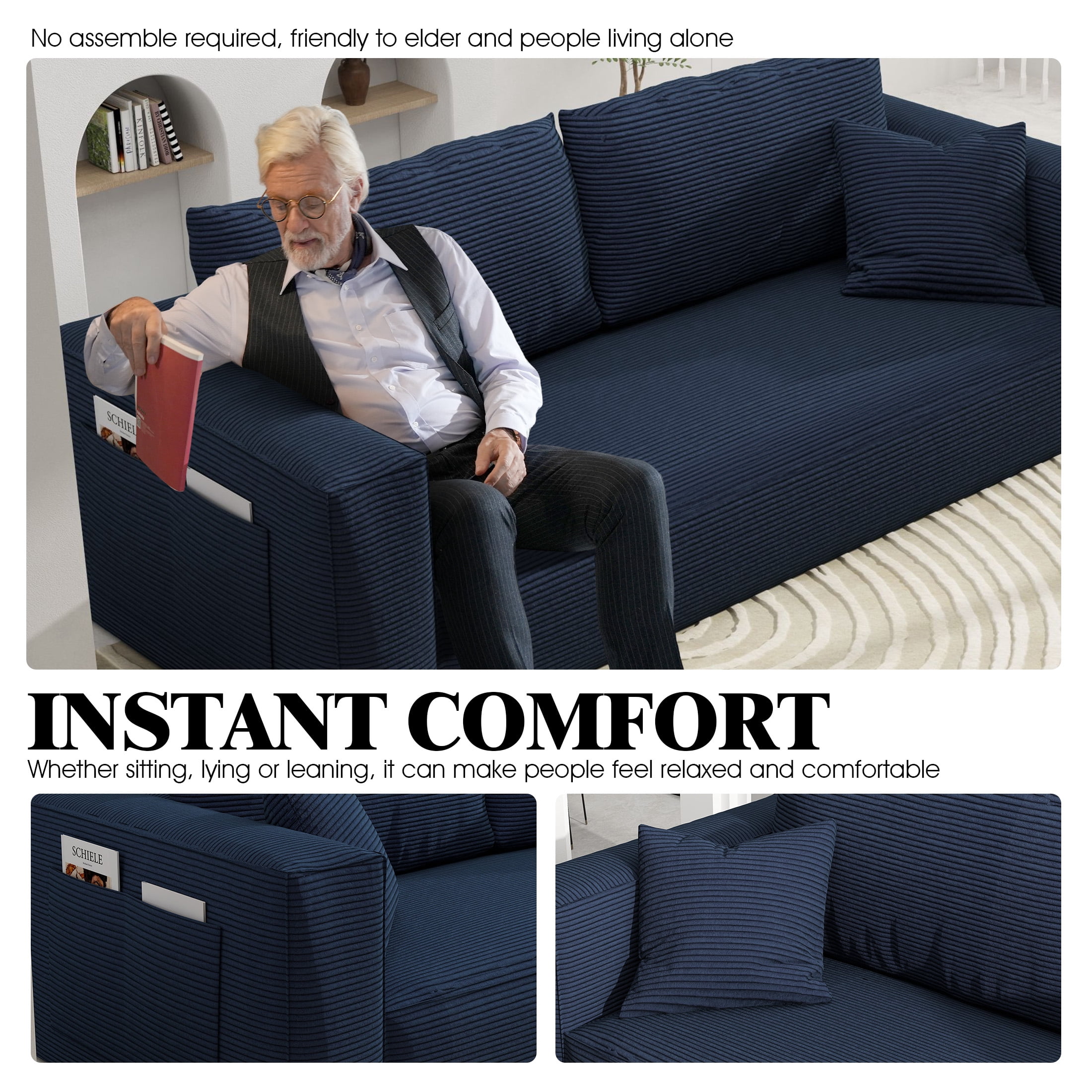 DEALTOPS 88" Loveseat Sofa, 3 Seater Pure Sponge Foam, Corduroy for Living Room, Easy Assembly，Blue